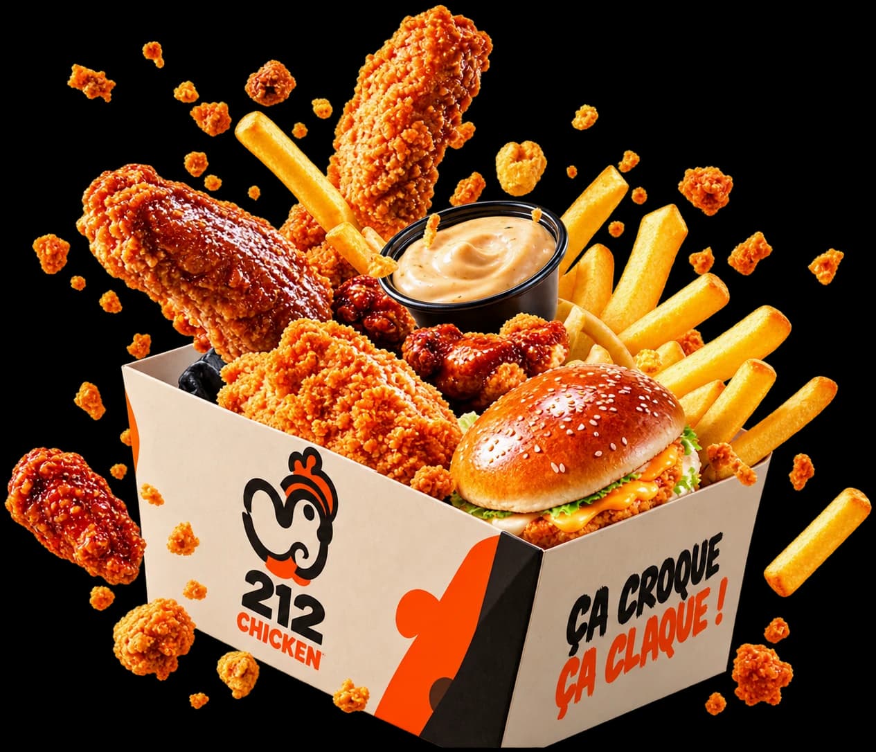 Box 212 Chicken garnie de poulet croustillant, de frites et de burgers